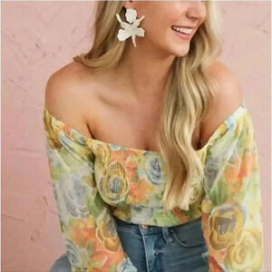 Anthropologie, New, Rouen Yellow Floral Motif Smocked Blouson Top, Size Large